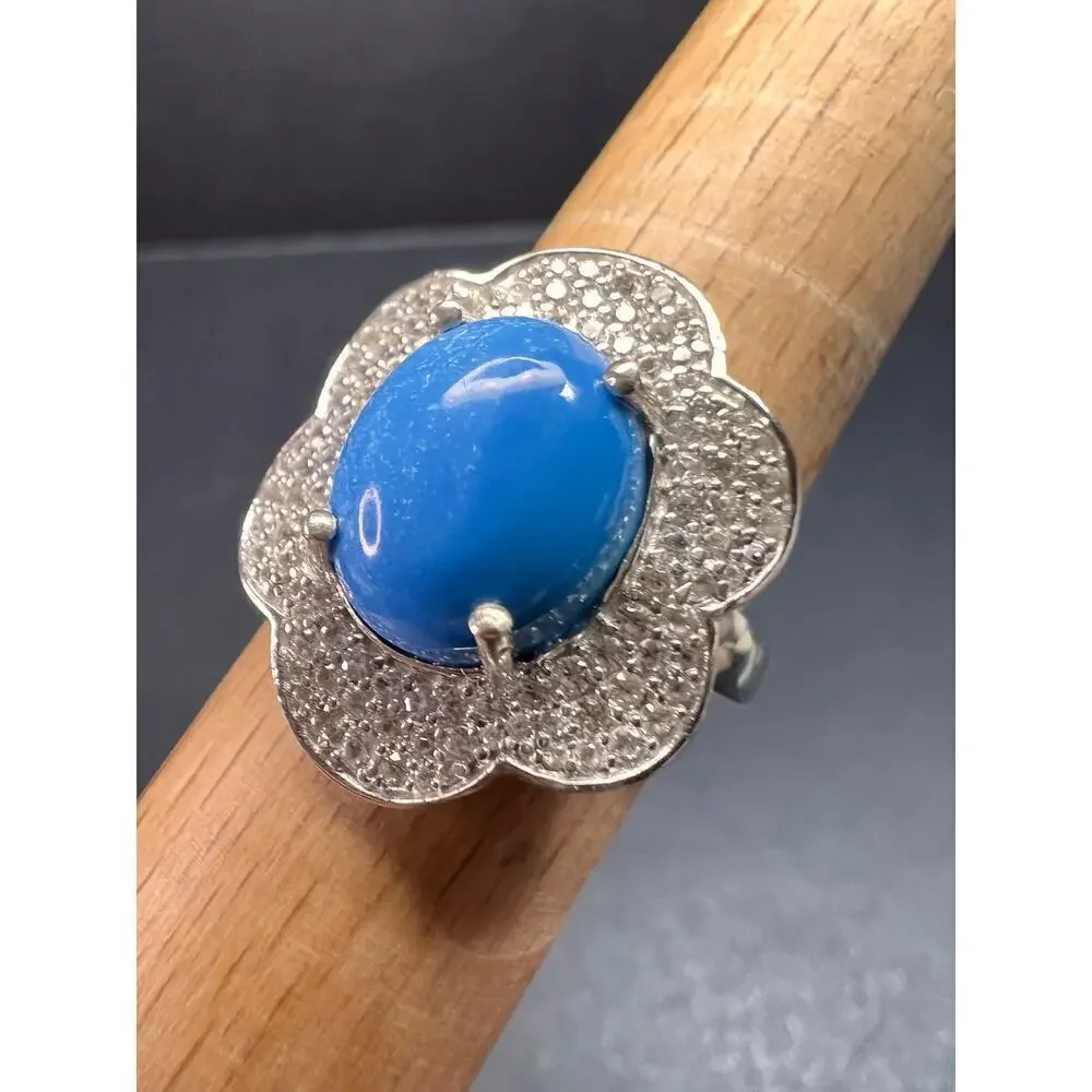 NEW Ceruleite and zircon blossom ring in rhodium over sterling silver size 8